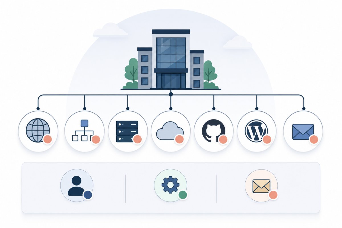 Ägarskapsdiagram med företaget överst och separata noder för domänregistrar, DNS, hosting, CDN, GitHub, WordPress och e-post samt markeringar för faktisk ägare, administratör och återställningsadress