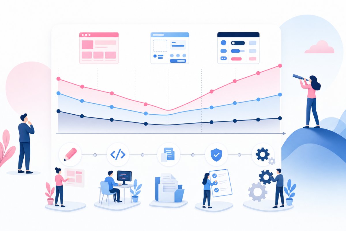 Ett treårigt kostnadsdiagram som jämför sidmallar, ett kodat UI-kit och ett fullskaligt designsystem över initial design, utveckling, dokumentation, testning och årlig förvaltning samt markerar brytpunkten mellan en ensam marknadswebb och flera produkter med återkommande releaser