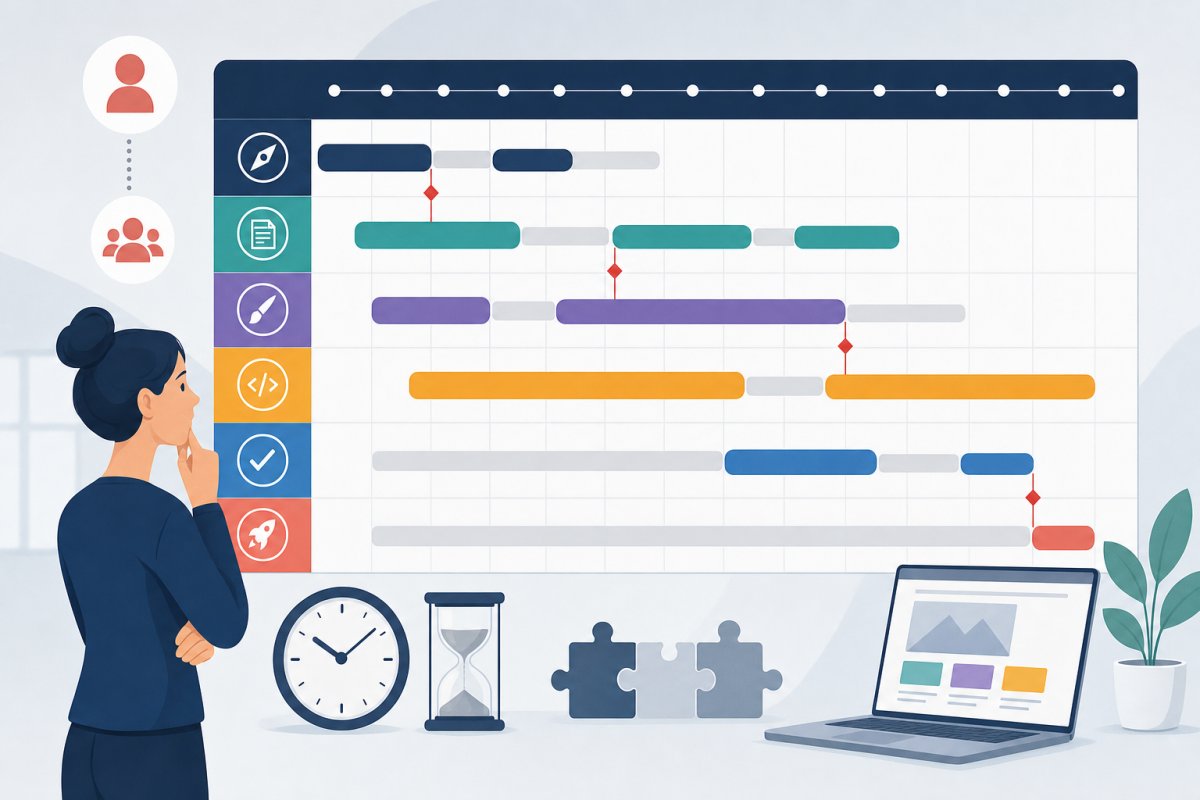 Ett detaljerat Gantt-diagram för ett 14-veckors webbprojekt där strategi, innehåll, design, utveckling, integrationstest och lansering visas i separata färger, kundberoenden markeras med röda milstolpar och passiv väntetid med grå luckor