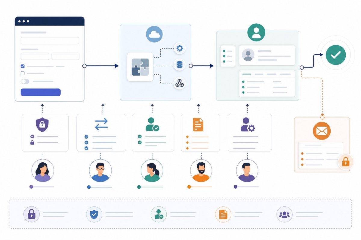 Ett detaljerat systemdiagram som visar webbformulär, integrationslager, CRM och ett säkert e-postreservflöde med tydliga markeringar för autentisering, fältmappning, samtycke, fellogg och ansvarig systemägare vid varje övergång