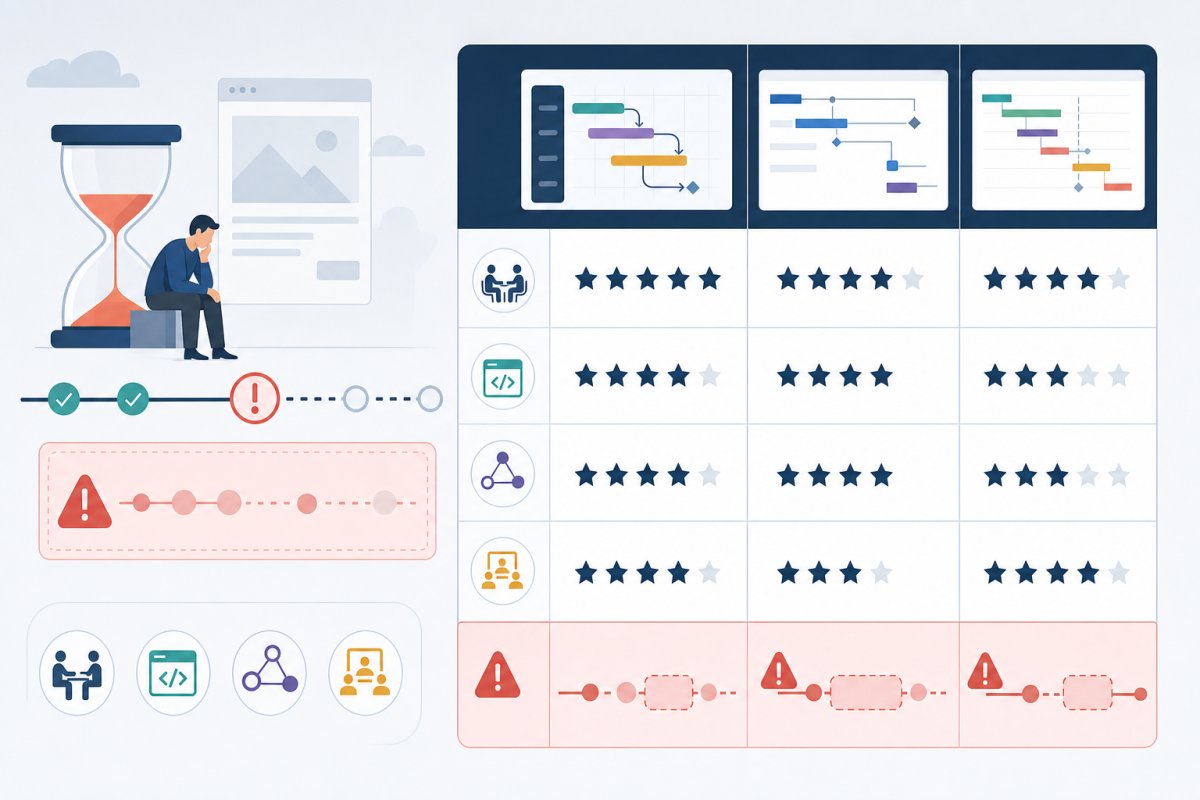 Ett jämförande diagram med kolumner för Asana Timeline, Jira Advanced Roadmaps och TeamGantt samt femgradiga bedömningar av innehåll och kundbeslut, tekniska integrationer, synlighet av beroenden och användbarhet för styrgrupp, kompletterat med röda varningssymboler där passiv väntetid kan bli osynlig