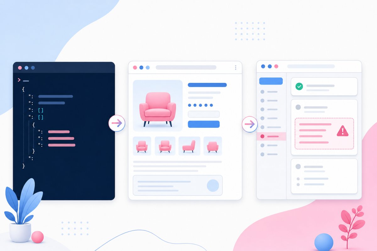 En tredelad jämförelse av samma produktsida med ett terminalfönster där curl-svaret saknar produkttext till vänster, en komplett React-renderad sida i Chrome i mitten och Google Search Consoles URL-granskning med markerad saknad text till höger