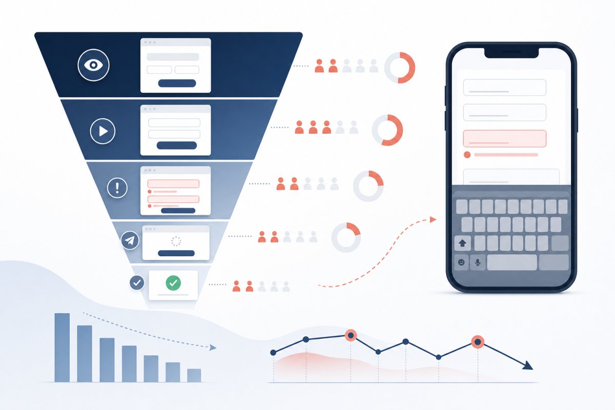En trattvisualisering med stegen formulärvisning, form_start, validation_error, form_submit och form_success, kompletterad med avhopp per fält och en mobilvy där ett felmeddelande döljs av tangentbordet