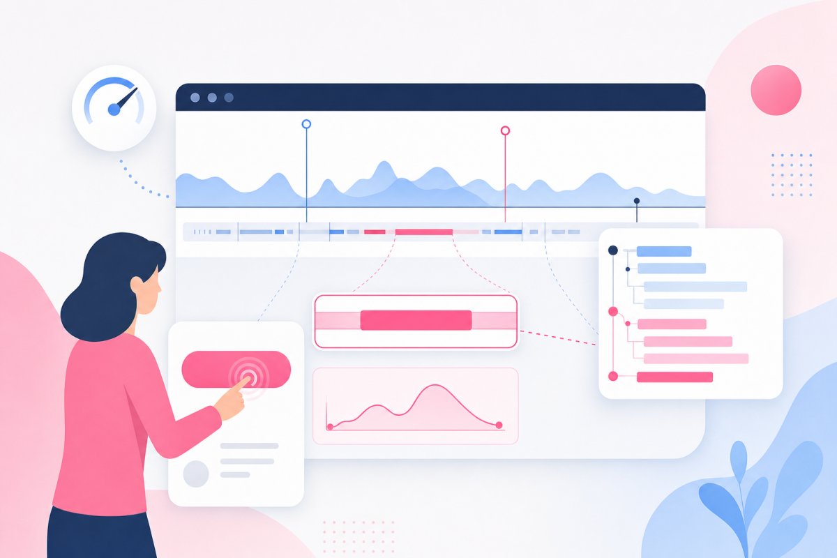 Chrome DevTools Performance-inspelning av klick på en bokningsknapp där INP-interaktionen, en 300 millisekunder lång huvudtrådsuppgift och call stack från tredjepartsdomänen är markerade