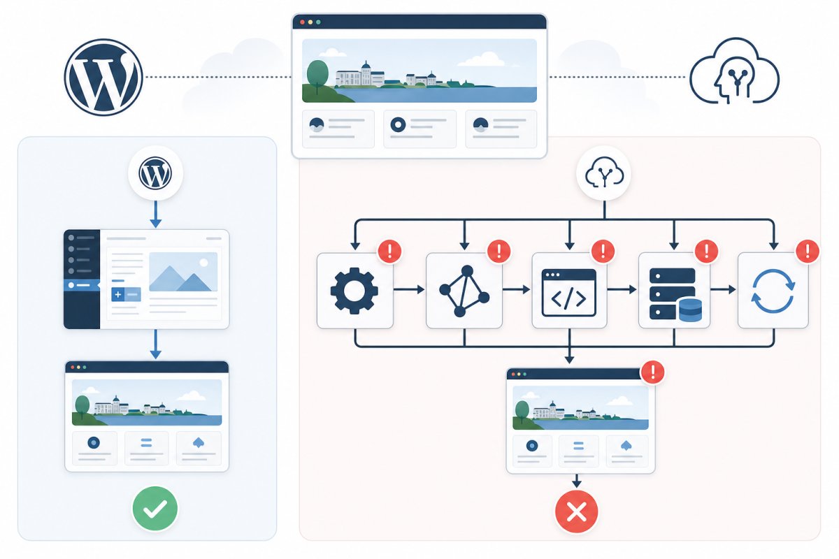 Jämförande flödesdiagram för en svensk SME-sajt där traditionell WordPress går direkt från Gutenberg till publicerad sida medan headless-spåret går via REST API eller WPGraphQL, Next.js Draft Mode, cacheinvalidering och publicering, med röda varningssymboler vid varje extra felpunkt