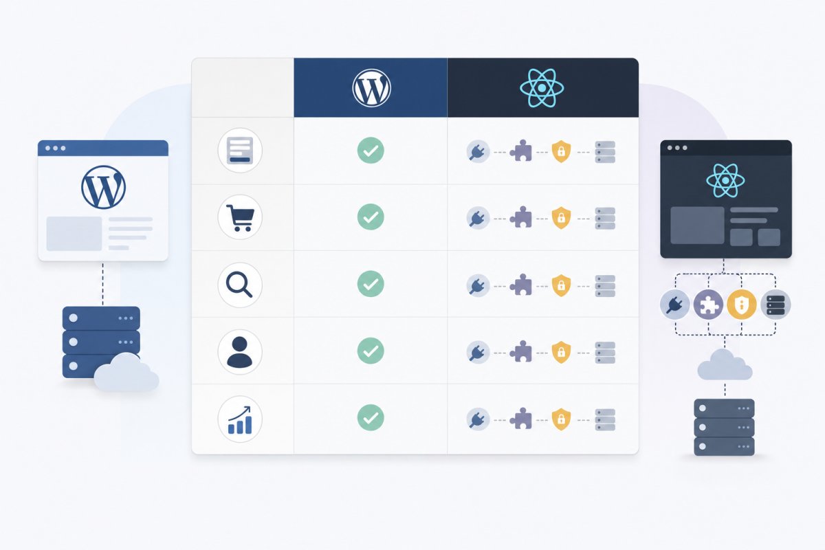 Integrationsmatris som jämför traditionell WordPress med headless Next.js för formulär, WooCommerce, sök, medlemskap och SEO och markerar behov av API, React-komponenter, autentisering och separat drift