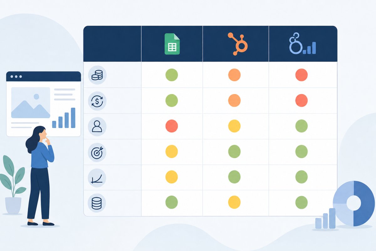 En jämförande matris med tre kolumner för Google Sheets, HubSpot Marketing Hub Professional samt Google Analytics 4 med BigQuery och Looker Studio, där startkostnad, löpande kostnad, manuell arbetsinsats, koppling till vunnen affär, stöd för effektkurva och lämplig datavolym graderas som låg, medel eller hög