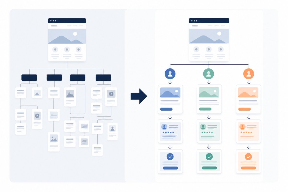 En före- och efterbild av en sitemap där en organisationsstyrd meny med blandade sidtyper ersätts av en behovsstyrd informationsstruktur för tre kundsegment, med tydliga vägar från landningssida till tjänst, kundbevis och konverteringspunkt