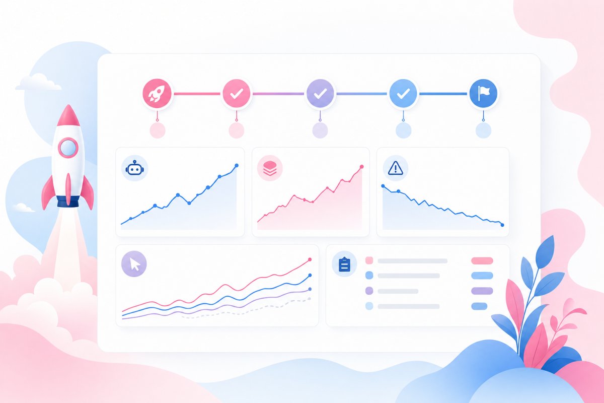 Lanseringsdashboard med kontrollpunkter dag 0, dag 1, dag 3, dag 7 och dag 28 samt separata grafer för Googlebot-träffar, indexerade nya URL:er, 404-anrop, organiska klick per prioriterad landningssida och öppna åtgärder