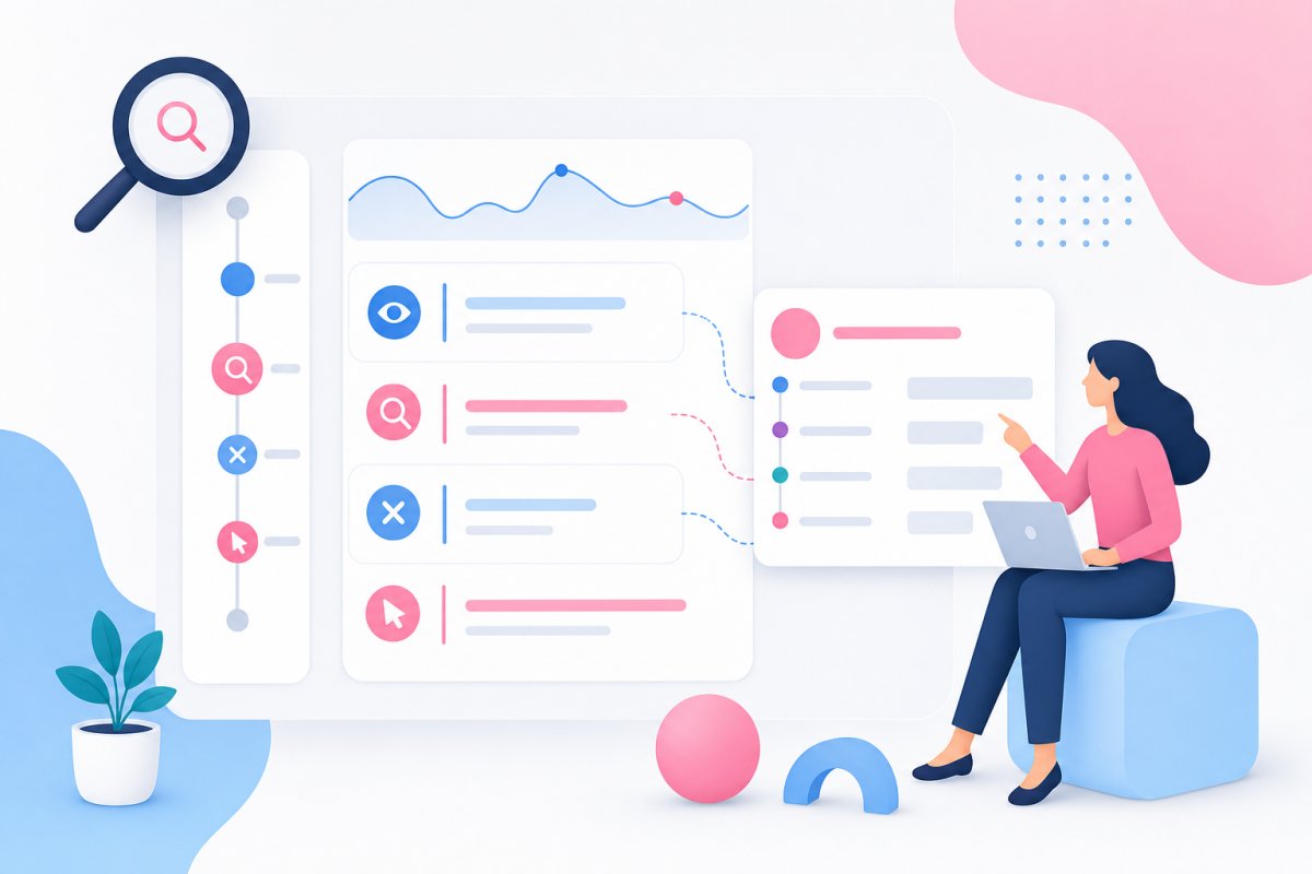 Kommenterad vy av GA4 DebugView med en hypotetisk WordPress-sökning och eventkedjan view_search_results search_no_results och search_result_click samt markerade parametrar för sökterm antal träffar resultatadress och position