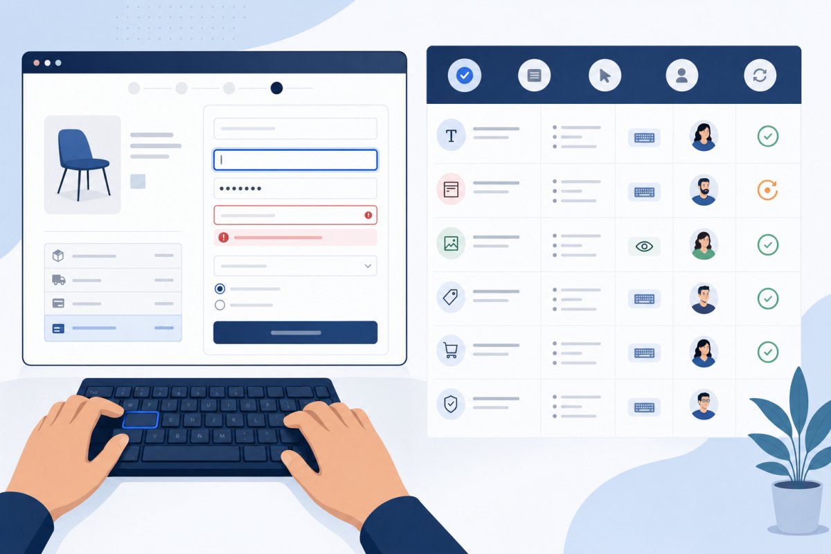 En delad vy av ett manuellt checkouttest där webbutiken visar tydlig tangentbordsfokus och ett begripligt valideringsfel medan en ärendelista visar komponent, kravreferens, testmetod, ansvarig leverantör och verifierad omteststatus
