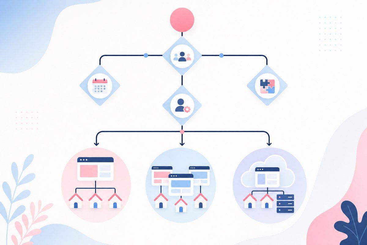 Ett beslutsträd där frågor om gemensamt tema, releasefönster, integrationer och teknisk ägare leder till Multisite, separata installationer eller en hybridlösning