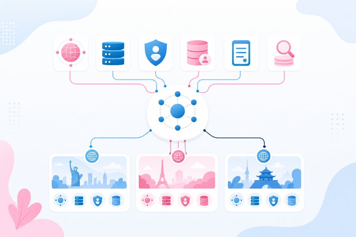 Ett arkitekturdiagram där ett WordPress Multisite-nätverk ansluter till CDN, cache, identitetsleverantör, CRM, formulärtjänst och separata sökindex, med delade och marknadsspecifika beroenden i olika färger