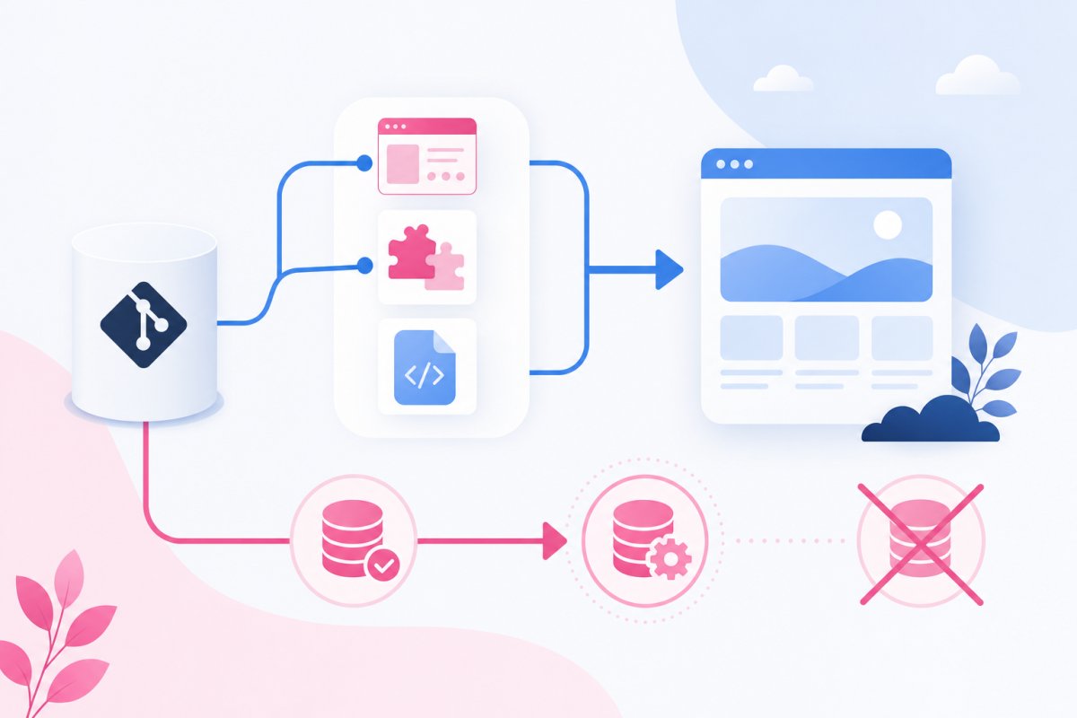 Ett flödesschema där ett Git-repository skickar tema, egna plugin och byggda frontendfiler till live, medan en separat pil märkt versionsstyrd migrering går till uttryckligen valda databasscheman och inställningar; en överkryssad pil visar att hela stagingdatabasen inte importeras