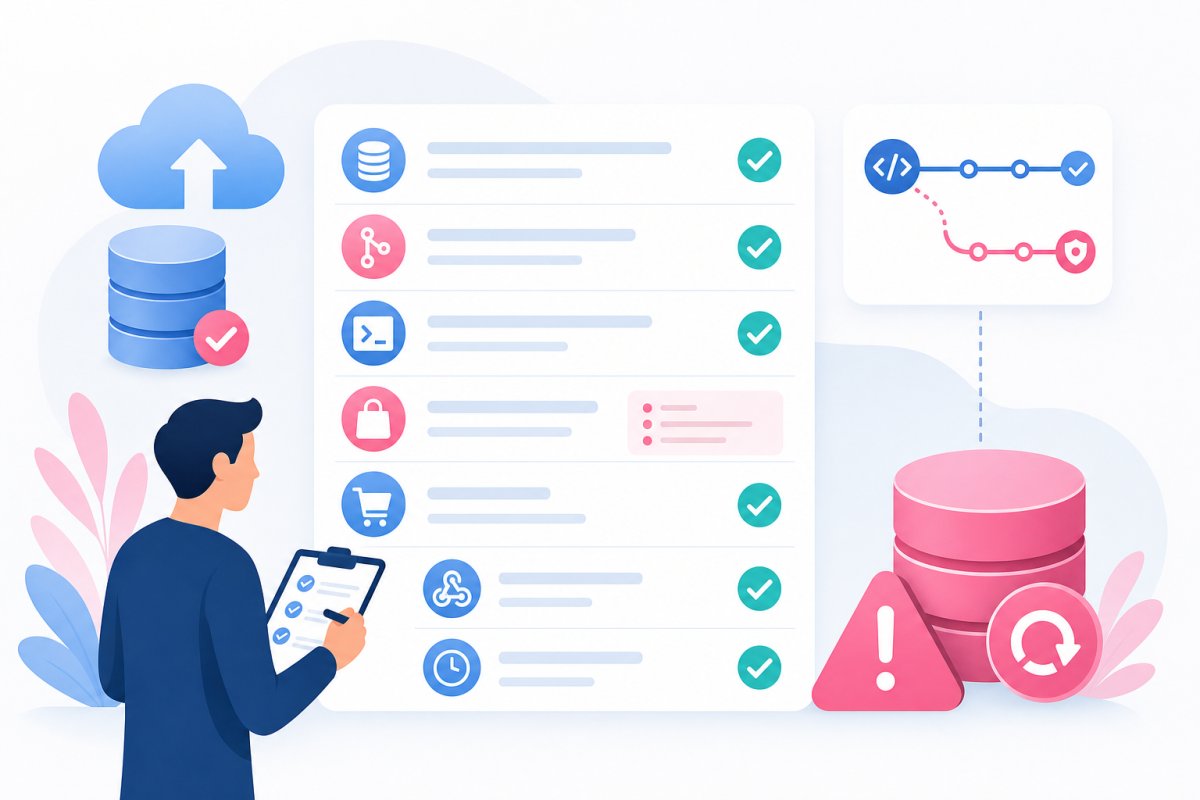 En visuell releasechecklista med backupstatus, Git-release, WP-CLI-migrering, WooCommerce orderlista, kontrollerad testorder och loggar för webhookar och schemalagda jobb; visa en separat säker rollback-gren för kod och en tydlig varningstriangel vid full databasåterställning